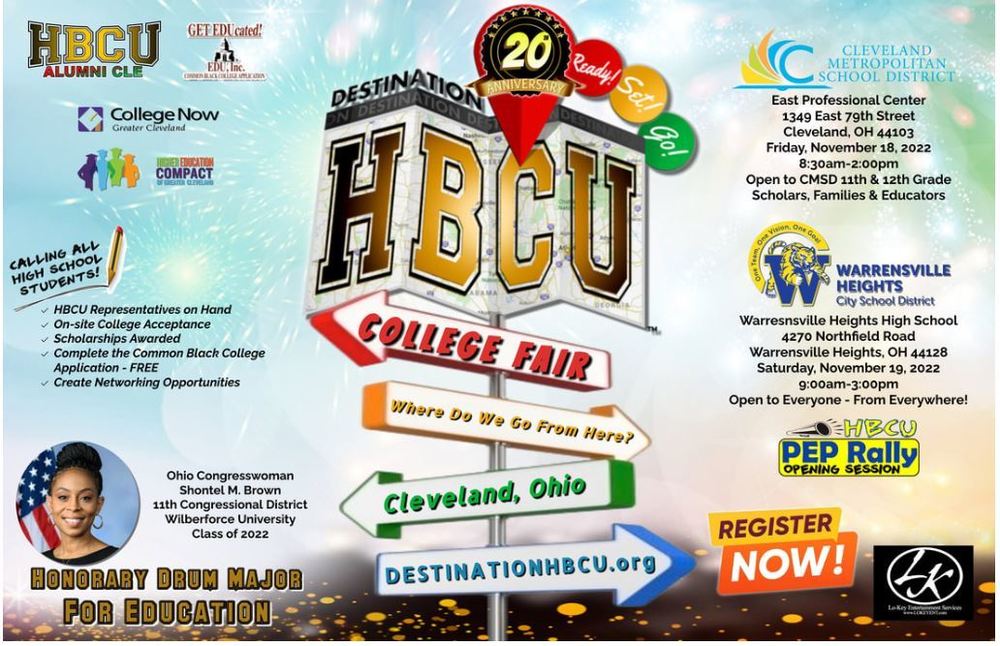 HBCU College Fair Flyer information  on how to attend and has multitude of colors and shapes