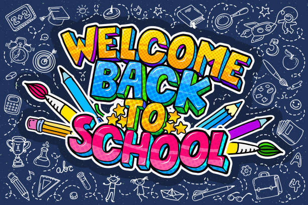 Picture of the words "welcome back to school" , in yellow blue and pink colors