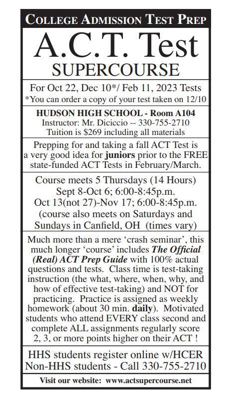 ACT prep Course Flyer Black writing on a white background 