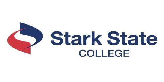 Stark State College logo red white and blue symbol and blue writing 