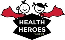 picture of two stick figures wearing red capes holding a sign that says "health heroes"