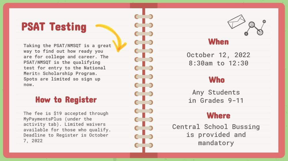 PSAT Flyer information with a peach and light green border 
