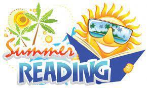 Words Summer reading with a sun holding a book and a palm tree