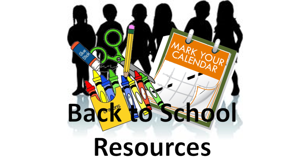 Collage of students, supplies and calendar with words Back to School Resourcs