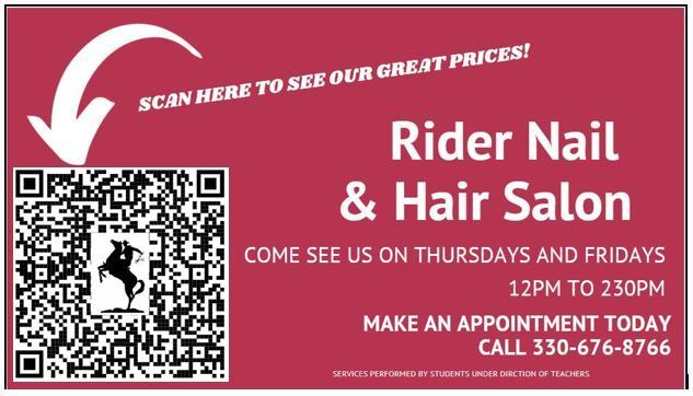 Rider Nail and Hair salon flyer with a QR code to pricing 