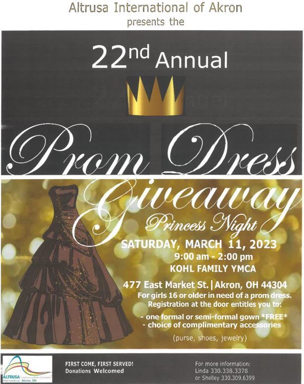 Prom Dress Giveaway Flyer Black and Gold colors with white lettering and and pictured a brown prom dress