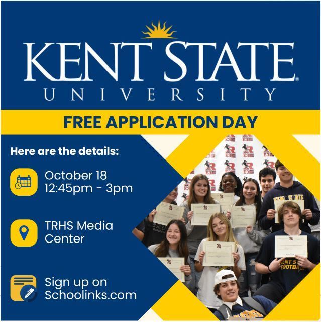 KSU free application flyer with information blue and gold colors