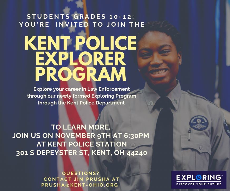 Kent Police Explorer Program with Black Female Student posing and an American Flag in background.