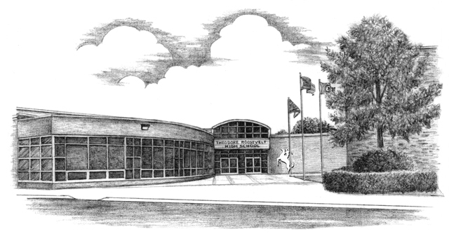 Black and white drawing of the cafeteria entrance to Theodore Roosevelt High School in Kent ohio 