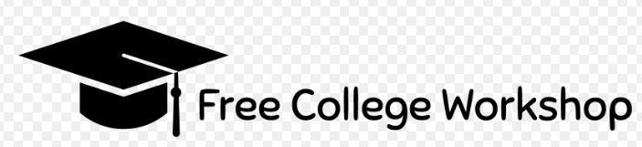 Free College workshop with a graduation cap.  Black lettering and white and gray checkered background.