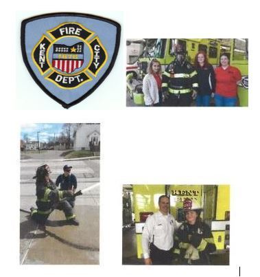 Kent Fire Dept. patch and Young women in Kent interested in firefighting posing with firemen and equipment