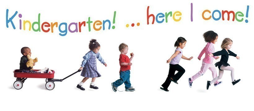 Picture of students skipping and walking with text, "Kindergarten! ... here I come!"