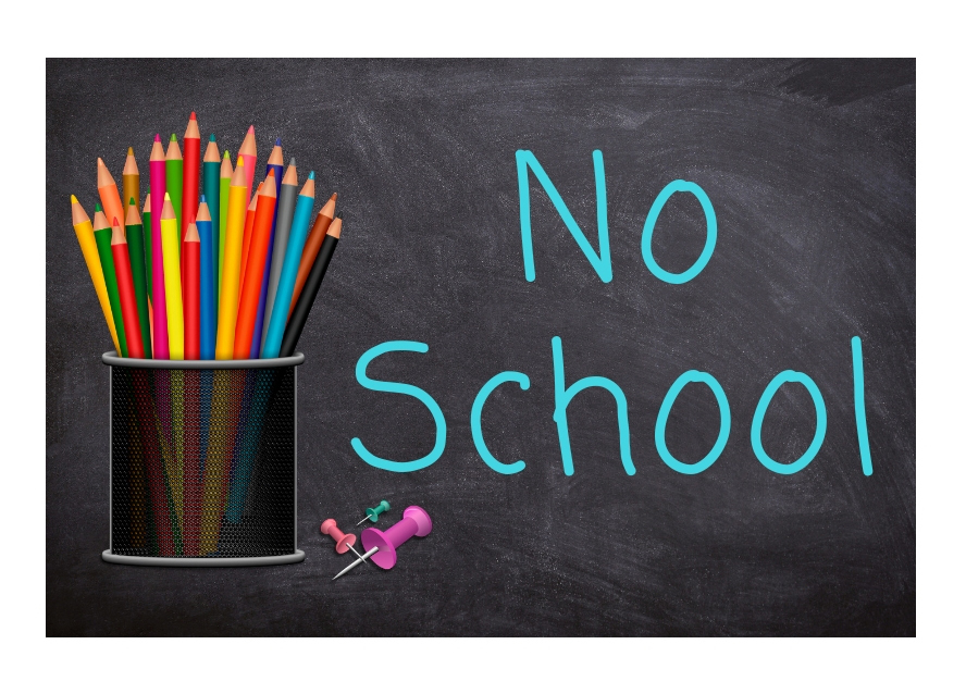 No School written on chalkboard with container of color pencils